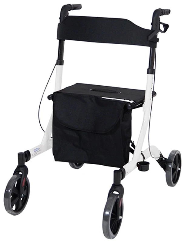 Aidapt Deluxe White Folding Light Weight 4 Wheeled Rollator Mobility Aid with Seat, Carry Bag, Lockable Brakes, Walking Stick Holder and Puncture Proof TYRES for Indoor and Outdoor use