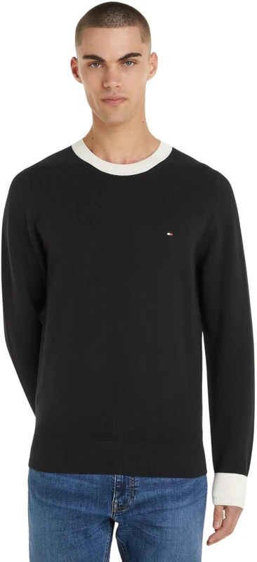 Tommy Hilfiger Men Chain Ridge Structure C Neck Pullovers, Black, S