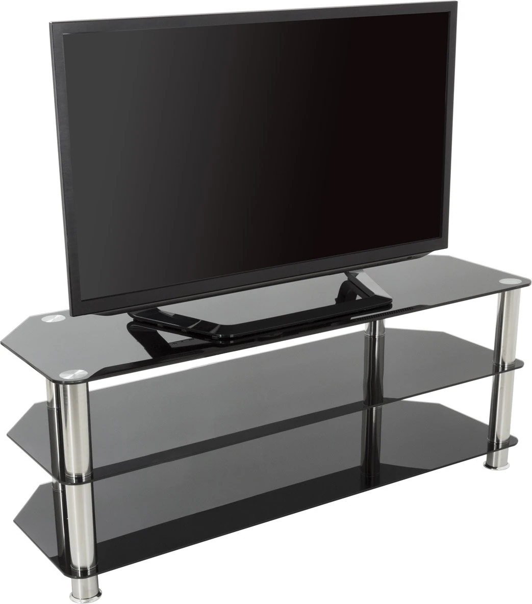 AVF Corner Glass TV Stand - 125cm Wide, Silver Chrome Metal Legs, Gloss Black Safety Shelves, Open Storage for Up to 60" TVs - SDC1250