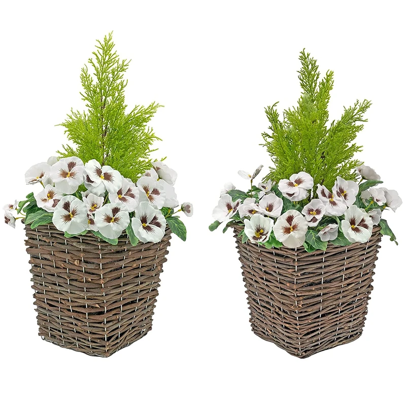 2 x Artificial Rattan Patio Planters All White Faux Silk Pansies with Conifer/Cedar Topiary ideal for Home, Patio, Garden Outdoor Living 60cm/23.5in
