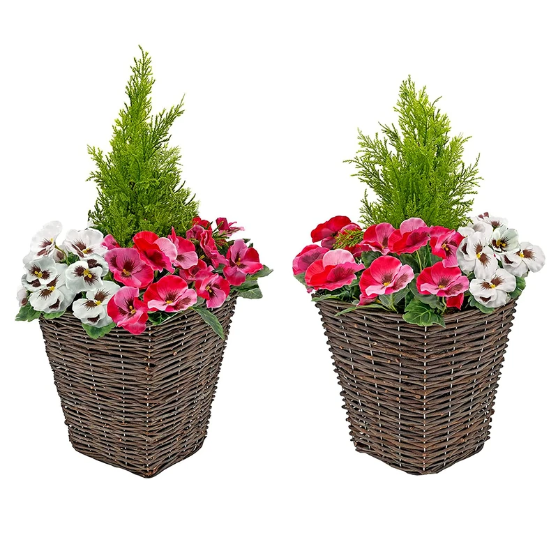 2 x Artificial Rattan Patio Planters with Pink and White Faux Silk Pansies and Conifer/Cedar Topiary ideal for Home, Patio, Garden Outdoor Living 60cm/23.5in
