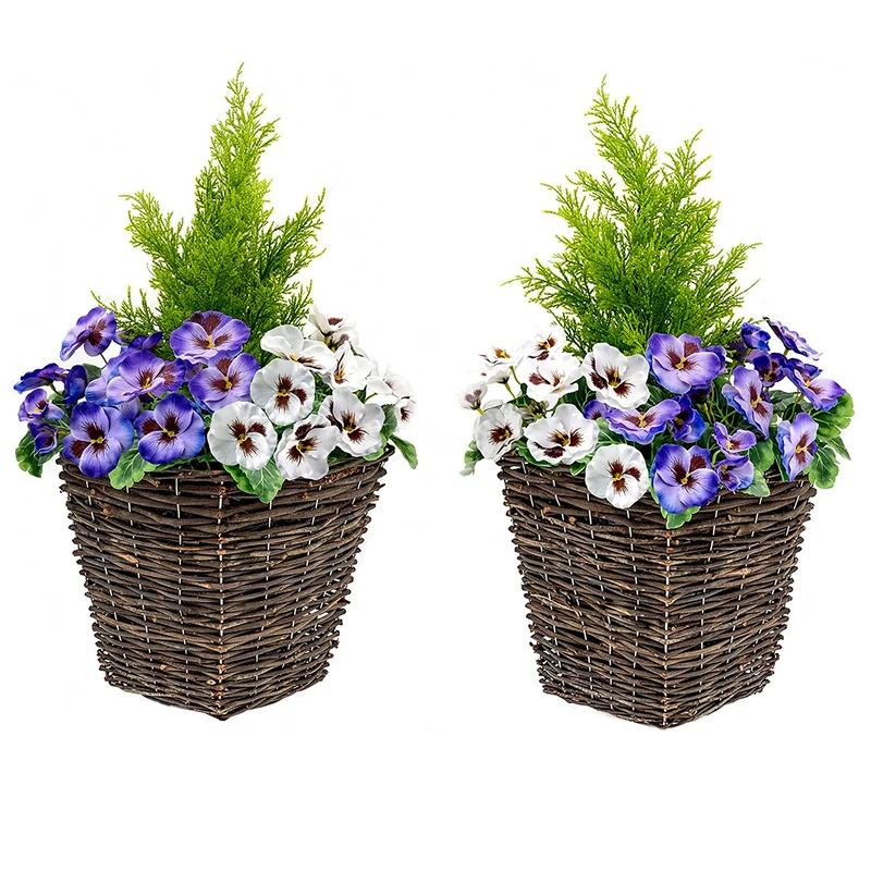 2 x Artificial Rattan Patio Planters Purple and White Faux Silk Pansies with Conifer/Cedar Topiary ideal for Home, Patio, Garden Outdoor Living 60cm/23.5in