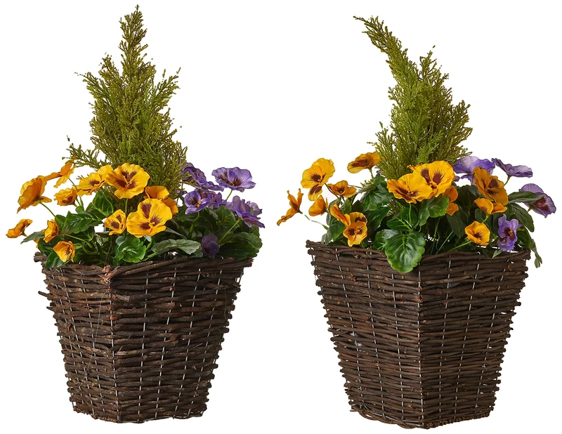 2 x Artificial Rattan Patio Planters with Purple and Yellow Faux Silk Pansies and Conifer/Cedar Topiary ideal for Home, Patio, Garden Outdoor Living 60cm/23.5in