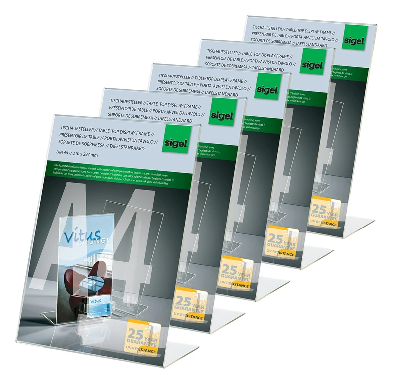 SIGEL TA230 Sign Holder, slanted, for A4, with business card compartment, uv resistant acrylic, transparent, 5 Pieces