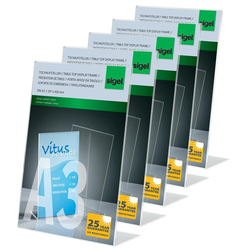 SIGEL TA213 Sign Holder, slanted, for A3, single-sided presentation, uv resistant acrylic, transparent, 5 Pieces