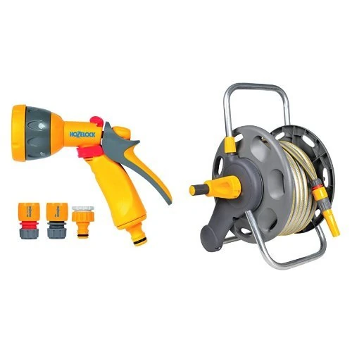 Hozelock Multi Spray Watering Gun Starter Set Includes Connectors & Hozelock 2n1 Hose Reel with 25m Hose 2471 Set