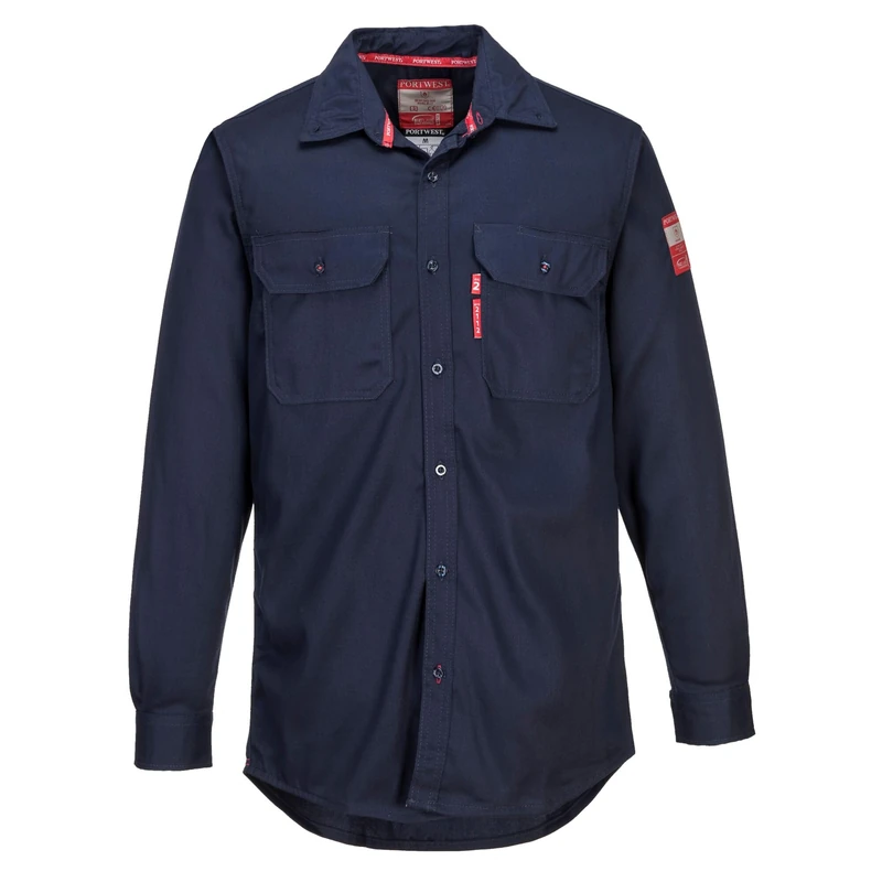 Portwest FR89 Bizflame 88/12 Lightweight FR Shirt Flame-Resistant ARC2 Protection CE Certified UV Resistant Durable Workwear Chest Pockets Adjustable Cuffs Breathable Fabric Comfortable Fit, Navy, XXL