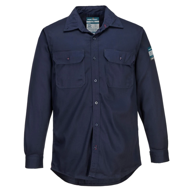 Portwest FR89 Bizflame 88/12 Lightweight FR Shirt Flame-Resistant ARC2 Protection CE Certified UV Resistant Durable Workwear Chest Pockets Adjustable Cuffs Breathable Fabric Comfortable Fit, Navy, XL