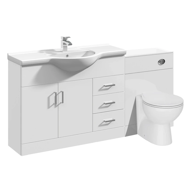 VeeBath Linx 1550 Vanity Unit Furniture Set, Wash Basin Bathroom Sink, WC, Toilet Pan, Soft Close, Quick Release Toilet Seat with Concealed Cistern-White (Flat Pack)