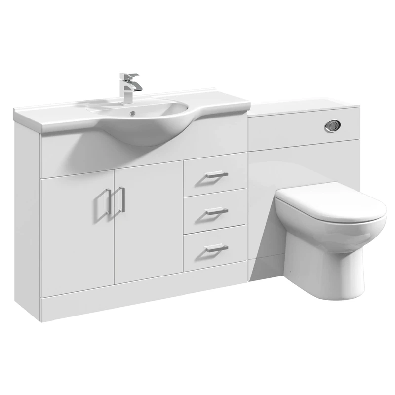 VeeBath Linx 1650 Vanity Unit Furniture Set, Wash Basin Bathroom Sink, WC, BTW Toilet Pan, Soft Close Toilet Seat, Concealed Cistern-White (Flat Pack)