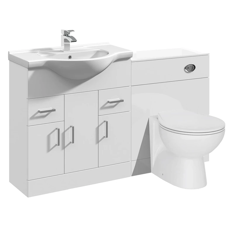 VeeBath Linx 1350 Vanity Unit Furniture Set, Wash Basin Bathroom Sink, WC, Toilet Pan, Soft Close, Quick Release Toilet Seat with Concealed Cistern-White (Flat Pack)