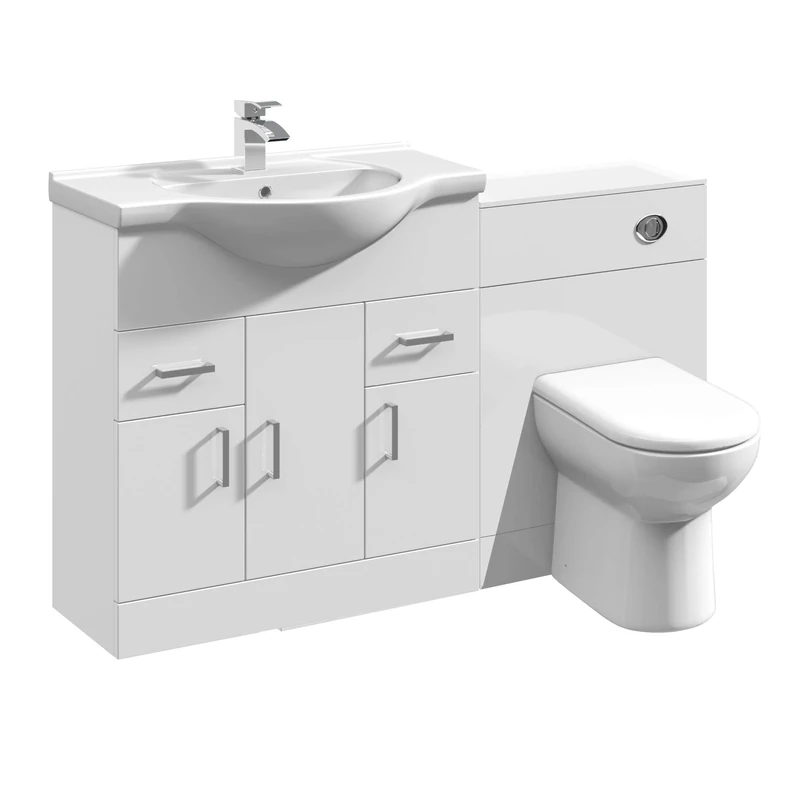 VeeBath Linx 1250 Vanity Unit Furniture Set, Wash Basin Bathroom Sink, WC, BTW Toilet Pan, Soft Close Toilet Seat, Concealed Cistern-White (Flat Pack)