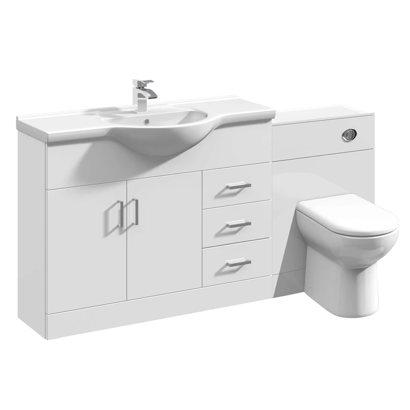 VeeBath Linx 1550 Vanity Unit Furniture Set, Wash Basin Bathroom Sink, WC, BTW Toilet Pan, Soft Close Toilet Seat, Concealed Cistern-White (Flat Pack)