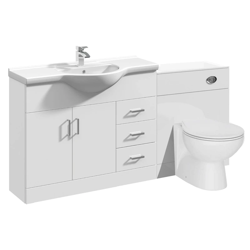 VeeBath Linx 1650 Vanity Unit Furniture Set, Wash Basin Bathroom Sink, WC, Toilet Pan, Soft Close, Quick Release Toilet Seat with Concealed Cistern-White (Flat Pack)
