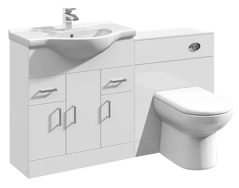 VeeBath Linx 1450 Vanity Unit Furniture Set, Wash Basin Bathroom Sink, WC, BTW Toilet Pan, Soft Close Toilet Seat, Concealed Cistern-White (Flat Pack)