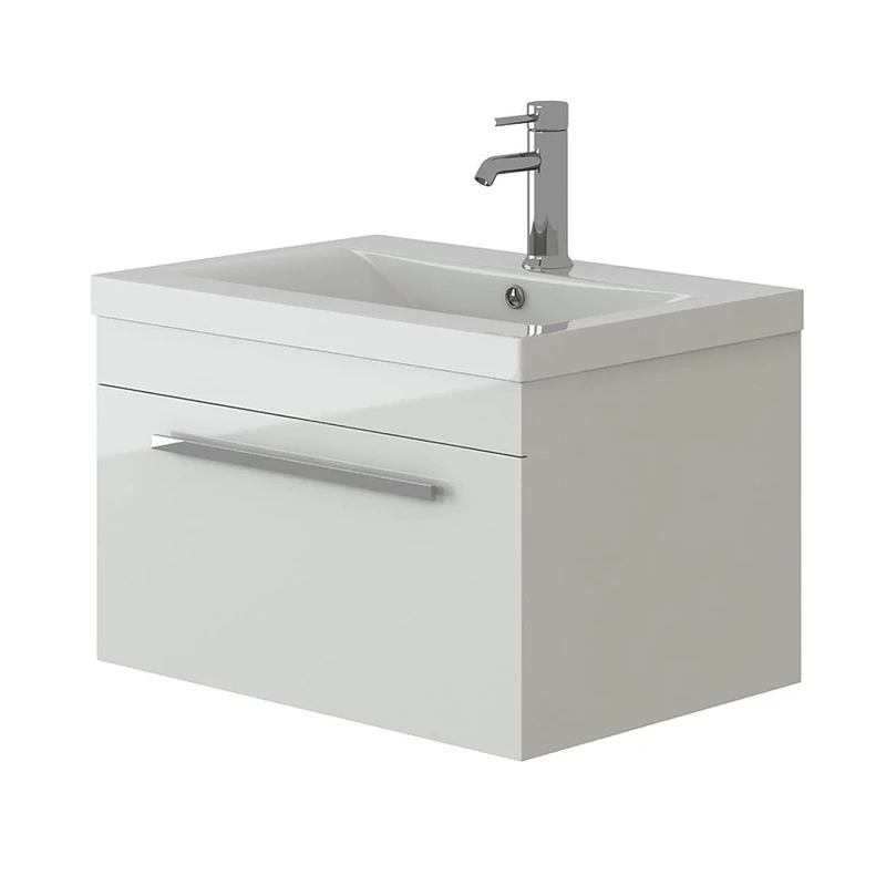 VeeBath Venus 600 Wall Hung Vanity Unit, Mid Edge Wash Basin Bathroom Sink, Soft Close Door, Cloakroom Wall Mounted Storage Cabinet- White (Flat Pack)