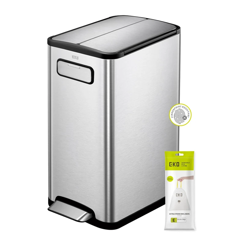 EKO Ecofly Recycling Bin, Pedal Bin 30 Litre, Rubbish Bin with Soft-Close Lid, Kitchen Bin Dual Opening, Perfect for Kitchen & Home, Stainless Steel