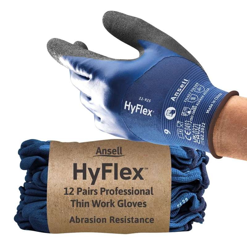 Ansell HyFlex 11-925 Professional Work Gloves, Waterproof and Oil-Resistant Nitrile Coating, Multipurpose Protection Gloves, Mechanical and Industrial Safety, Blue, Size L (12 Pairs)