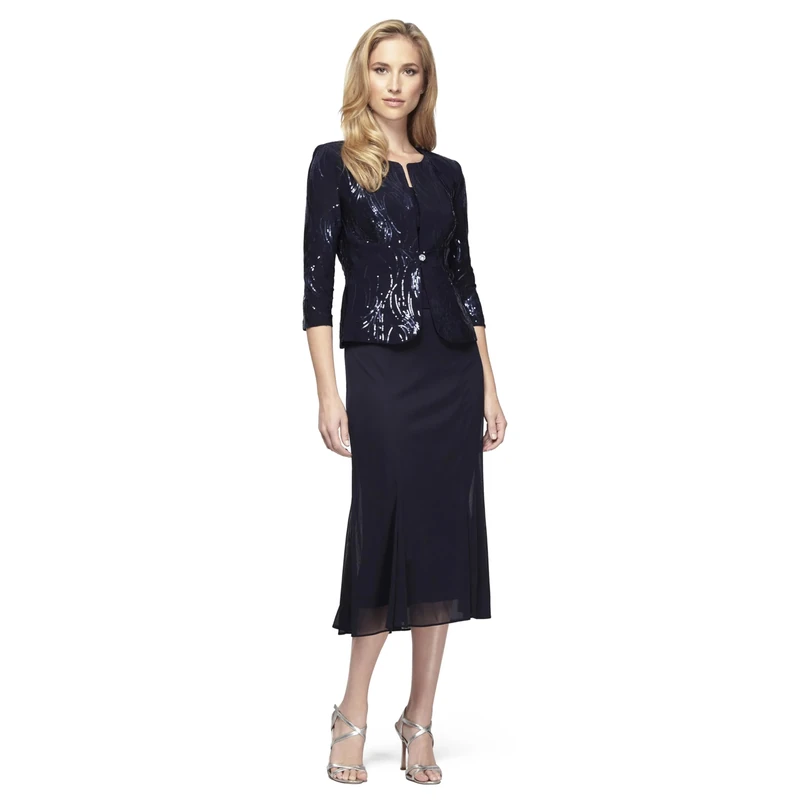 Alex Evenings Women's Tea Length Mock Jacket Dress with Button Front Special Occasion, Navy Sequin, 12