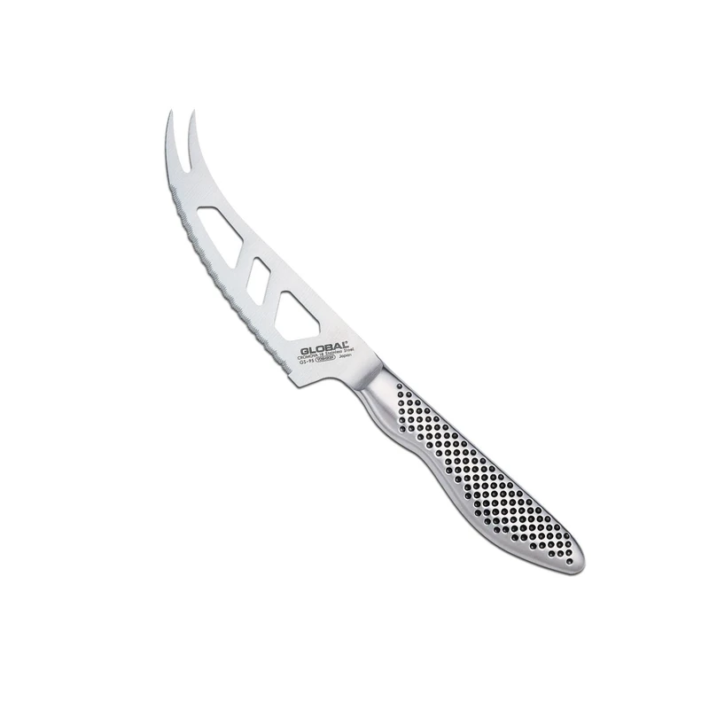 Global GS-95 Serrated Cheese Knife 10.5cm Scalloped Blade with Holes, Japanese Knife for Cutting Cheese with Prong Tip, Ultra Sharp Stainless Steel