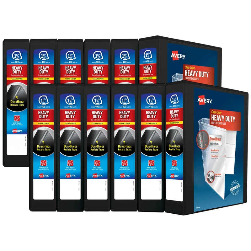 Avery Heavy Duty View 3 Ring Binder, 1.5" One Touch EZD Ring, Holds 8.5" x 11" Paper, 12 Black Binders (79695)