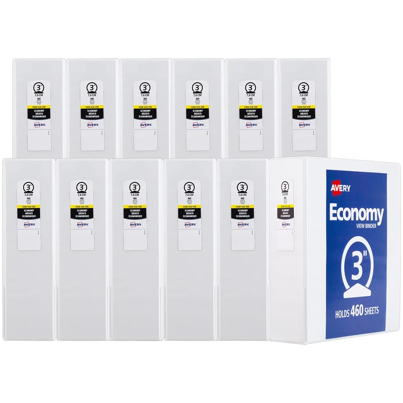 Avery Economy View 3 Ring Binders, 3" Round Rings, 12 White Binders (05741)