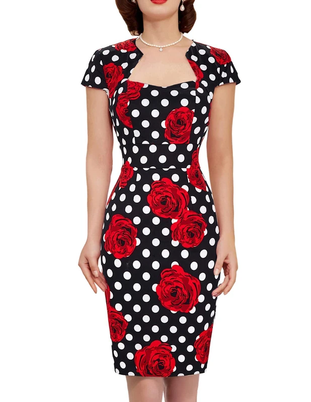 GRACE KARIN Women's 50s Vintage Pencil Dress Cap Sleeve Wiggle Dress CL7597, C-11 Rose, S