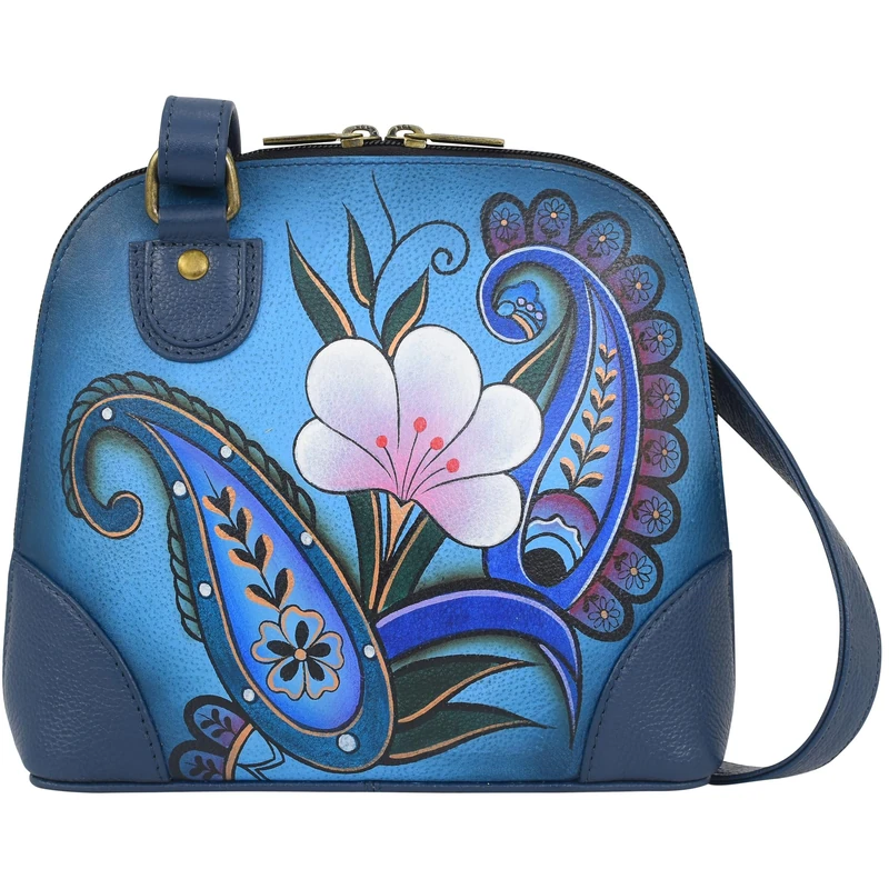 Anna by Anuschka Women's Damen-handtasche aus Echtem Leder, Klein, mit Reißverschluss, Mehrere Fächer Hand Painted Original Artwork, Denim Paisley Floral, One Size