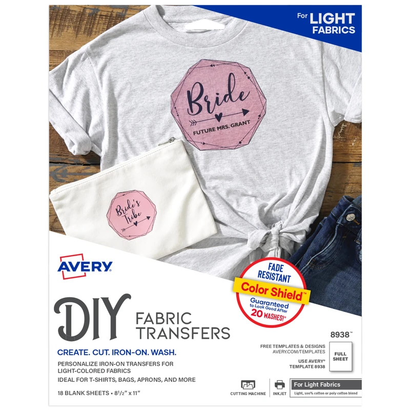 Avery T-Shirt Transfers for Inkjet Printers, for Light Fabric, 8.5" x 11", 162 Transfers, 9 Packs of 18 Sheets (8938)