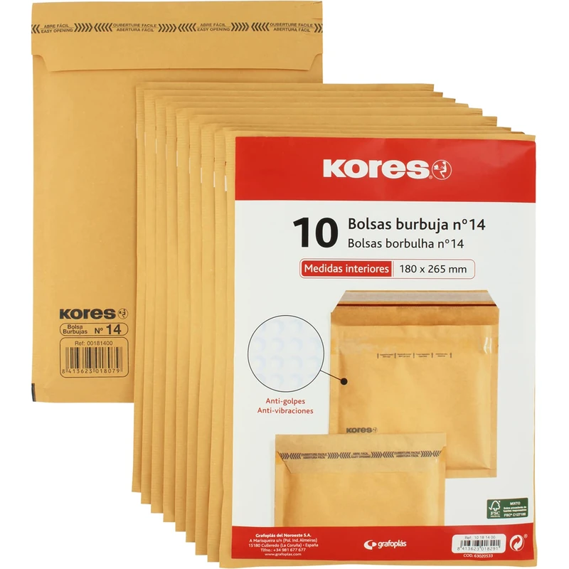 Kores 10181400. Pack of 10 Kraft Bubble Bags, No.14, 180 x 265 mm, Self-Adhesive Seal