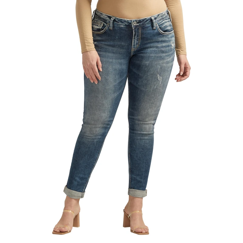 Silver Jeans Co. Women's Plus Size Girlfriend Mid Rise Slim Leg Jeans, Medium Marble Wash, 22