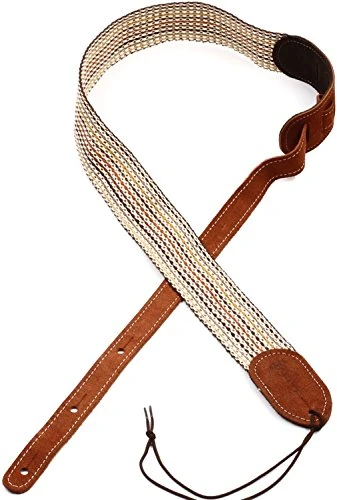 C F Martin guitar strap woven with reddish brown leather ends mulit colour