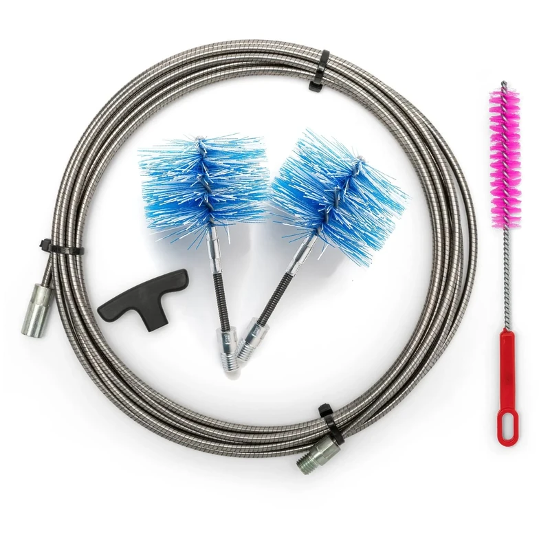 BARETTO Pellet Stove Cleaning Kit - Stainless Steel Extension 9 Meters, Maximum Curvature 90°- 2 Nylon Flex Brushes (1 80 mm and 1 100 mm)