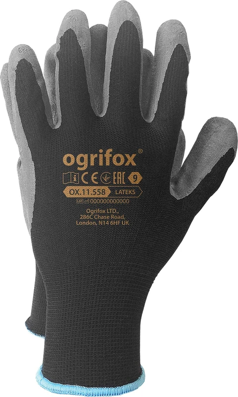 Ogrifox OX-Lateks_Bs9 Protective Gloves, Ox.11.558 Lateks, Black-Grey, 9 Size
