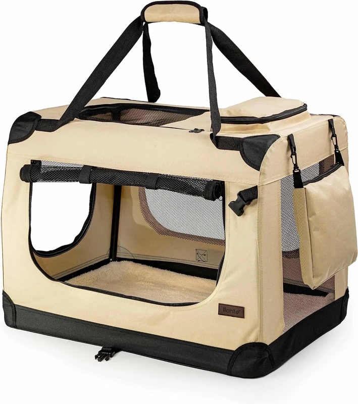 lionto Dog transport box foldable for travel & car, 90x61x65 cm, sturdy transport box with carrying handles & blanket for cats & dogs up to 22 kg, sturdy fabric dog box for small & large, beige