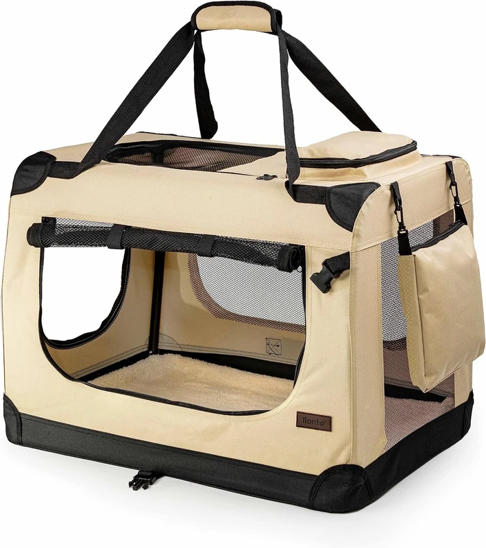 lionto Dog transport box foldable for travel & car, 101x69x70 cm, sturdy transport box with carrying handles & blanket for cats & dogs up to 25 kg, sturdy fabric dog box for small & large, beige