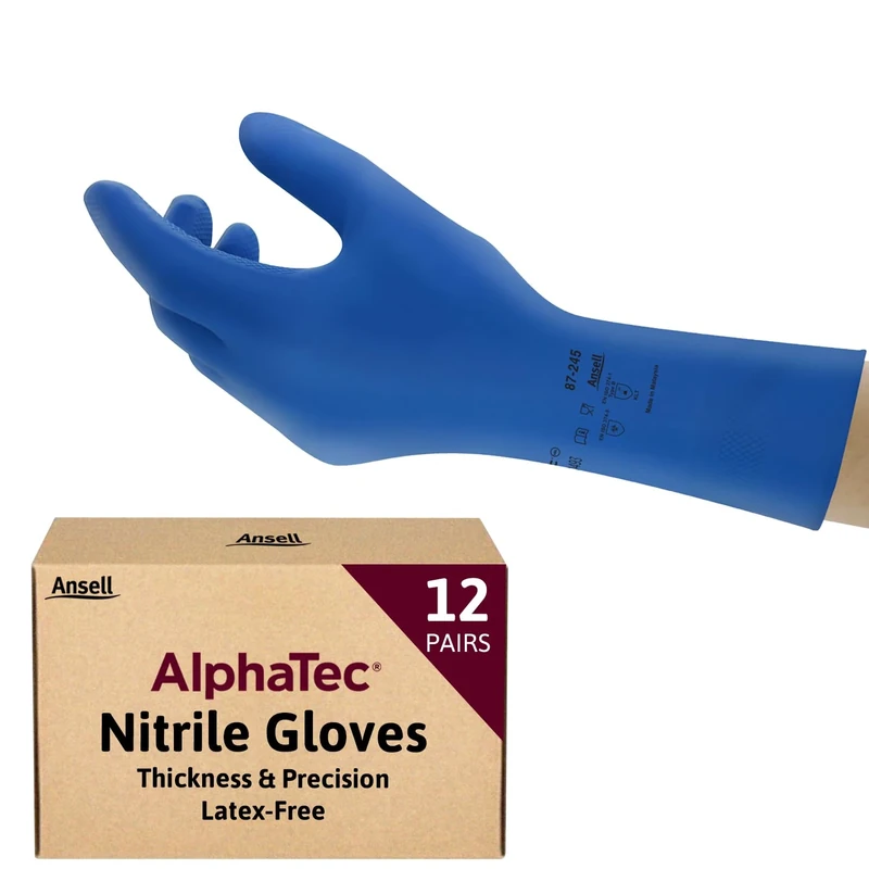 Ansell AlphaTec 87-245 Multipurpose Latex Gloves with Long Cuff, Chemical Protection and Food Safety, Reusable Kitchen Gloves, Household Cleaning and Dishwashing, Blue, Size S (12 Pairs)