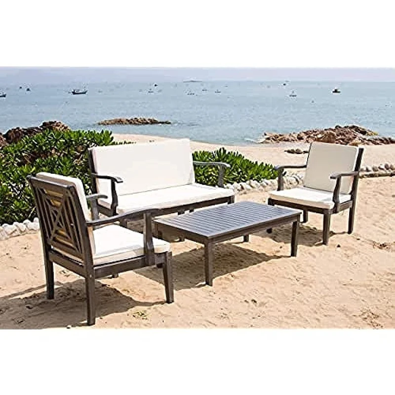 SAFAVIEH Wooden Outdoor Patio Set - Cushioned - Set of 4, in Ash Grey and Beige