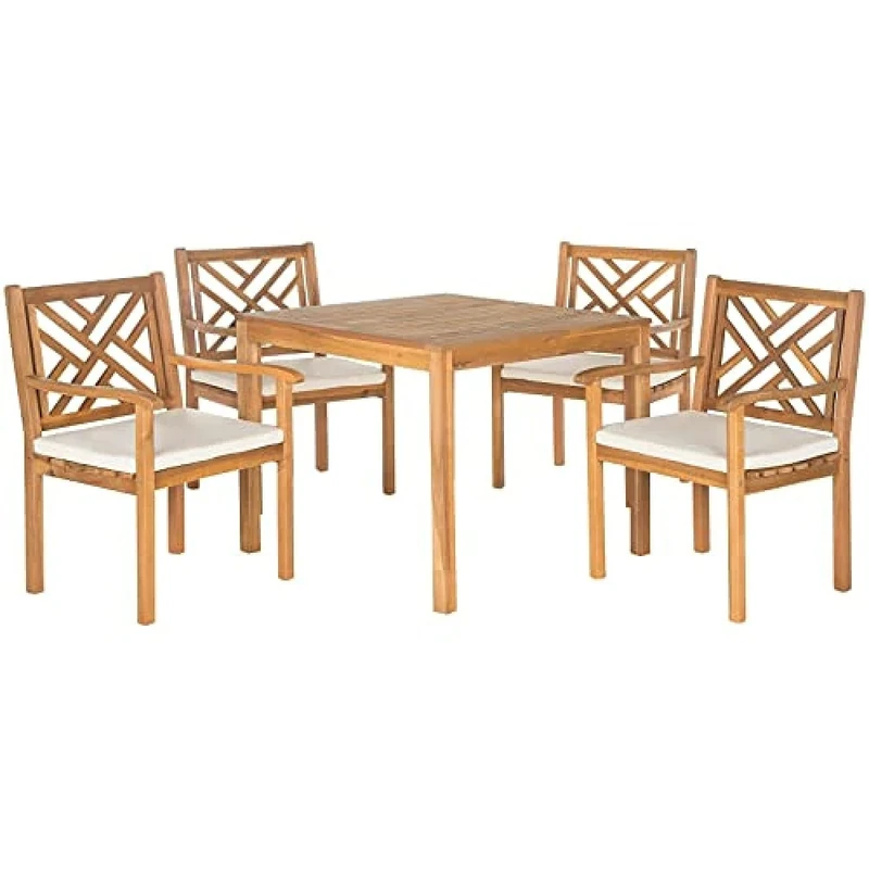 SAFAVIEH Wooden Outdoor Dining Set - Set of 5, Patio Table and Chairs, in Natural and Beige