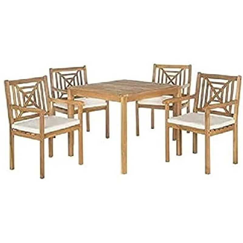 SAFAVIEH Wooden Outdoor Dining Set - Set of 5, Patio Table and Chairs, in Natural and Beige