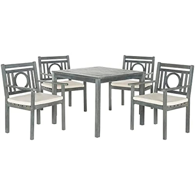SAFAVIEH Wooden Outdoor Dining Set - Set of 5, Patio Table and Chairs, in Ash Grey and Beige