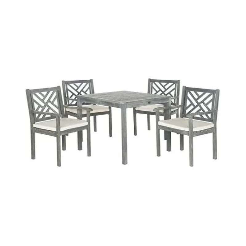 SAFAVIEH Wooden Outdoor Dining Set - Set of 5, Patio Table and Chairs, in Ash Grey and Beige