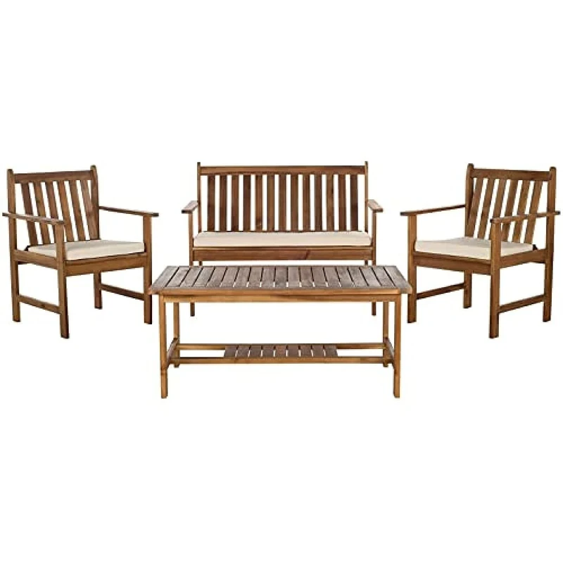 SAFAVIEH Wooden Outdoor Patio Set - Cushioned - Set of 4, in Natural and Beige