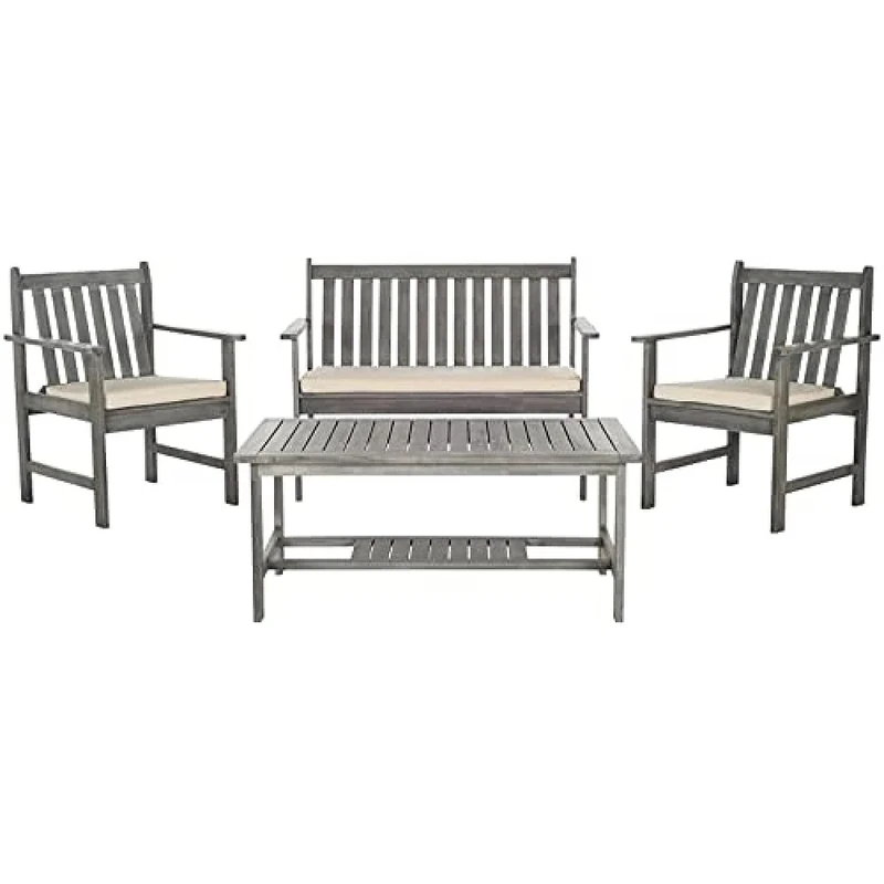 SAFAVIEH Wooden Outdoor Patio Set - Cushioned - Set of 4, in Grey Wash and Beige