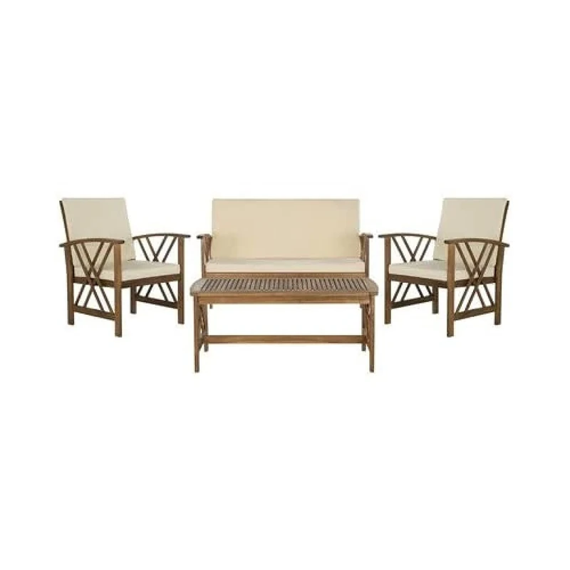 SAFAVIEH Wooden Outdoor Patio Set - Cushioned - Set of 4, in Natural and Beige