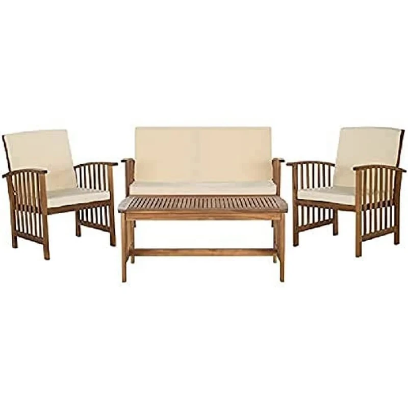 SAFAVIEH Wooden Outdoor Patio Set - Cushioned - Set of 4, in Natural and Beige