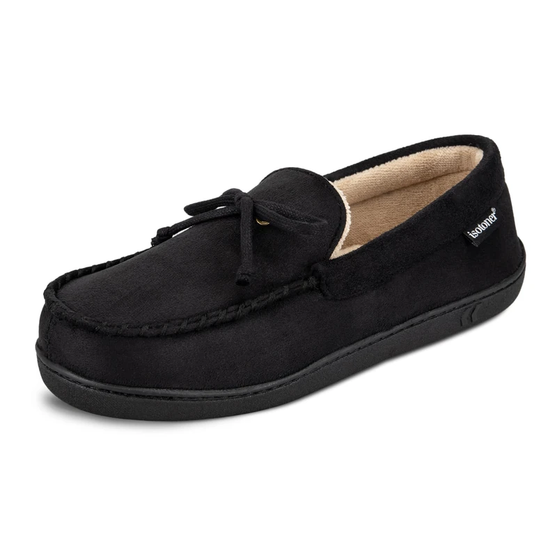 isotoner Men's Microsuede Moccasin Slippers - Men’s Indoor and Outdoor Sole Slippers, Features Memory Foam for a Customer Fit and Arch Support for All-Day Comfort, Machine Washable, Black, 8-9