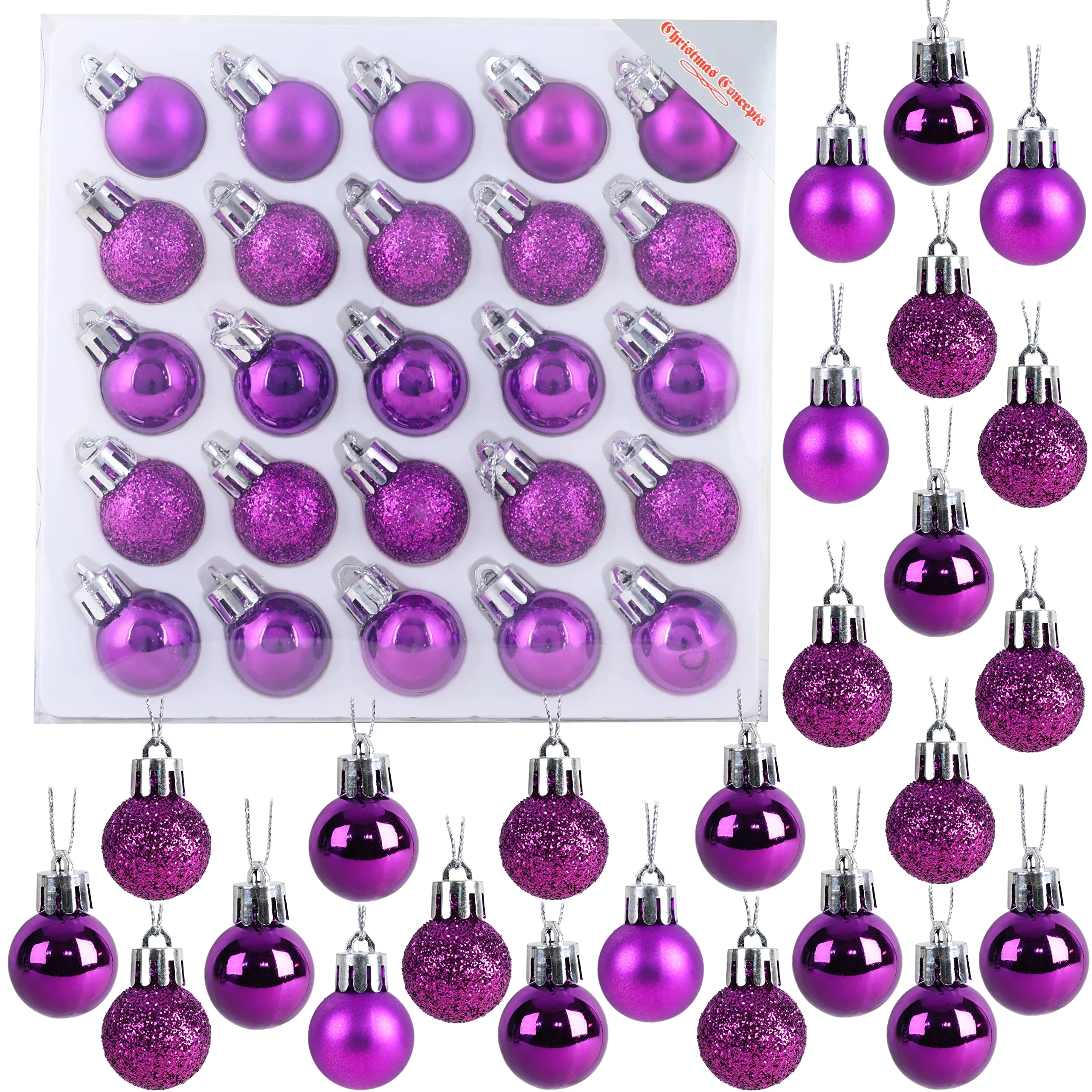 Christmas Concepts® Pack of 25-25mm (1") Mini Christmas Tree Baubles - Shiny, Matte & Glitter Decorated Baubles (Purple)