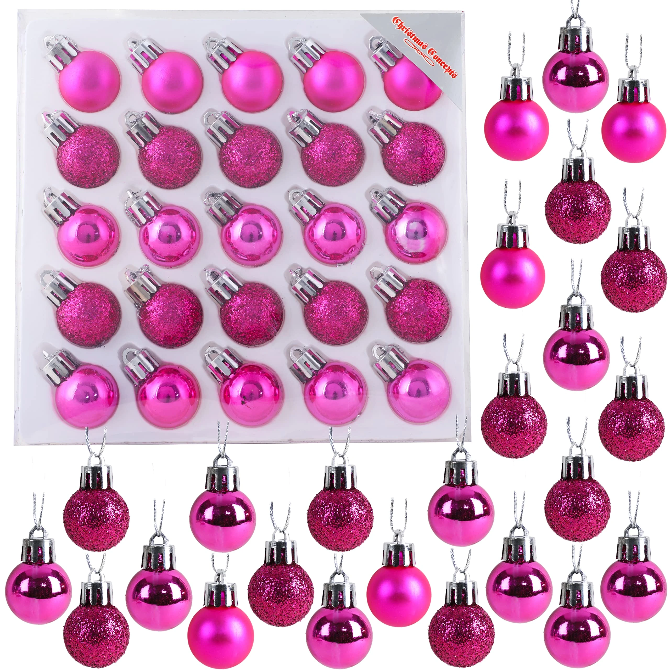Christmas Concepts® Pack of 25-25mm (1") Mini Christmas Tree Baubles - Shiny, Matte & Glitter Decorated Baubles (Hot Pink)