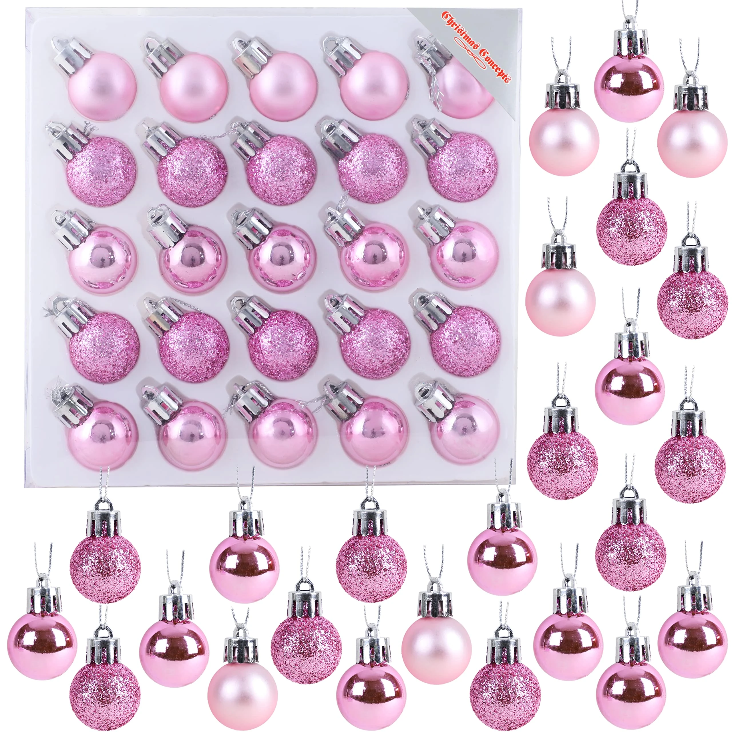 Christmas Concepts® Pack of 25-25mm (1") Mini Christmas Tree Baubles - Shiny, Matte & Glitter Decorated Baubles (Baby Pink)